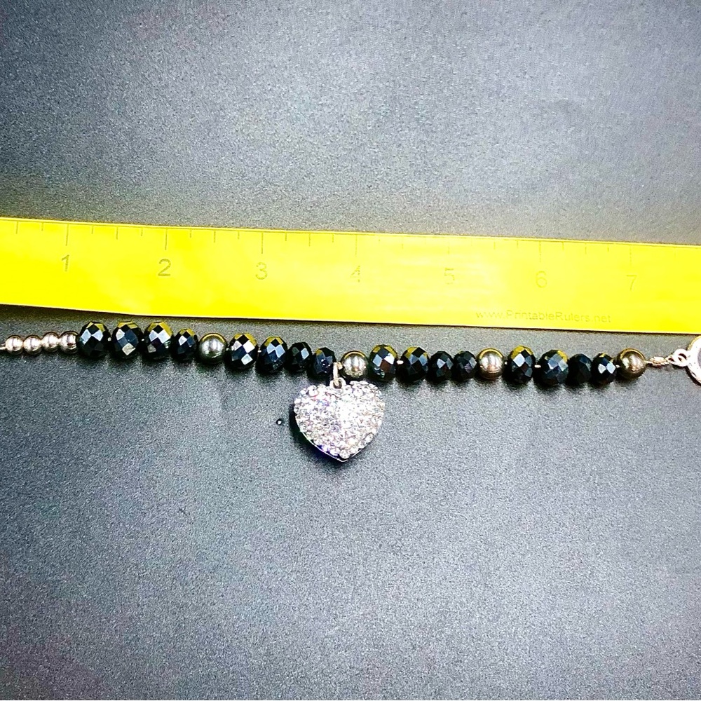 Chic Black and Silver Beaded Bracelet with Heart Charm